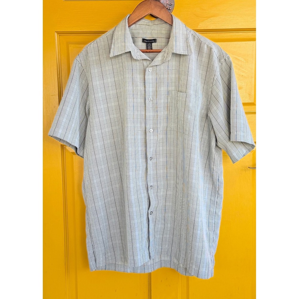 Van Heusen Men's Short Sleeve Gray Plaid Button-Up Shirt Size L/G 16–16.5